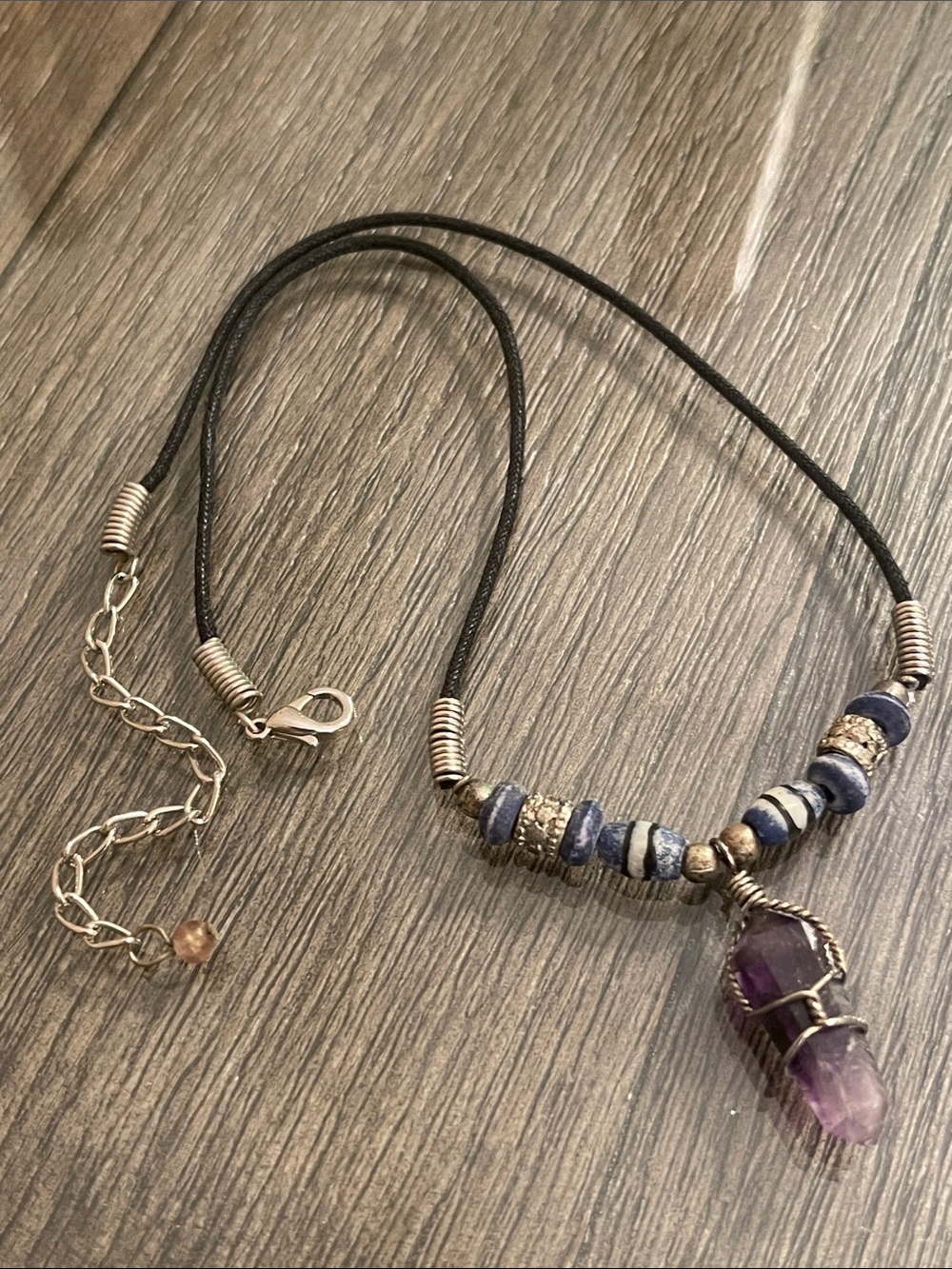 Vintage 1990’s Style Wire Wrapped Amethyst Crystal Black Cord Necklace - Picture 1 of 15